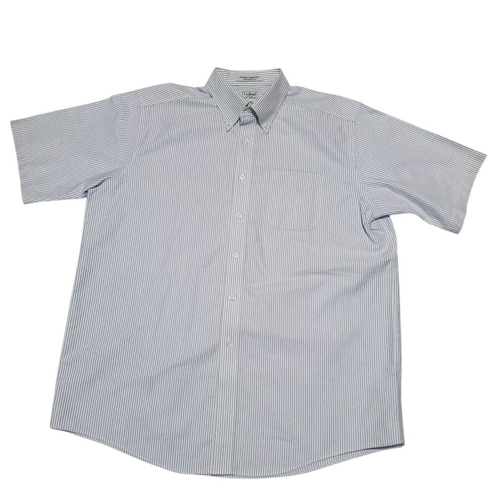 LL Bean 17 Reg Blue White Button-Down ShortSleeve Cotton Shirt Wrinkle Resistant